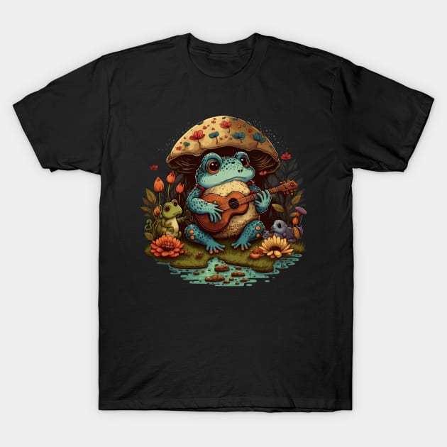 Cottagecore aesthetic cute frog playing ukelele on Mushroom T-Shirt by JayD World